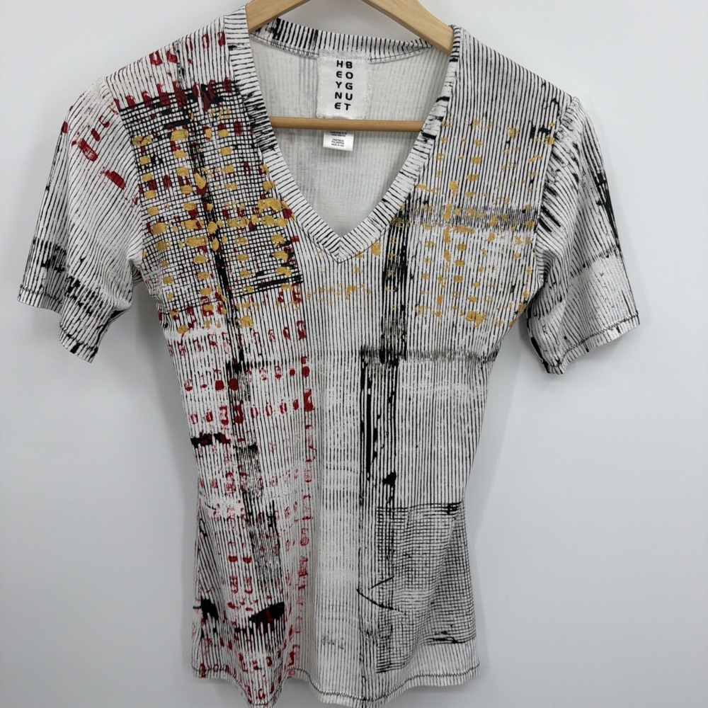 Heyne Bogut Sz 2 S Short Sleeve Fitted V Neck Y2K T-Shirt Hand Crafted Abstract